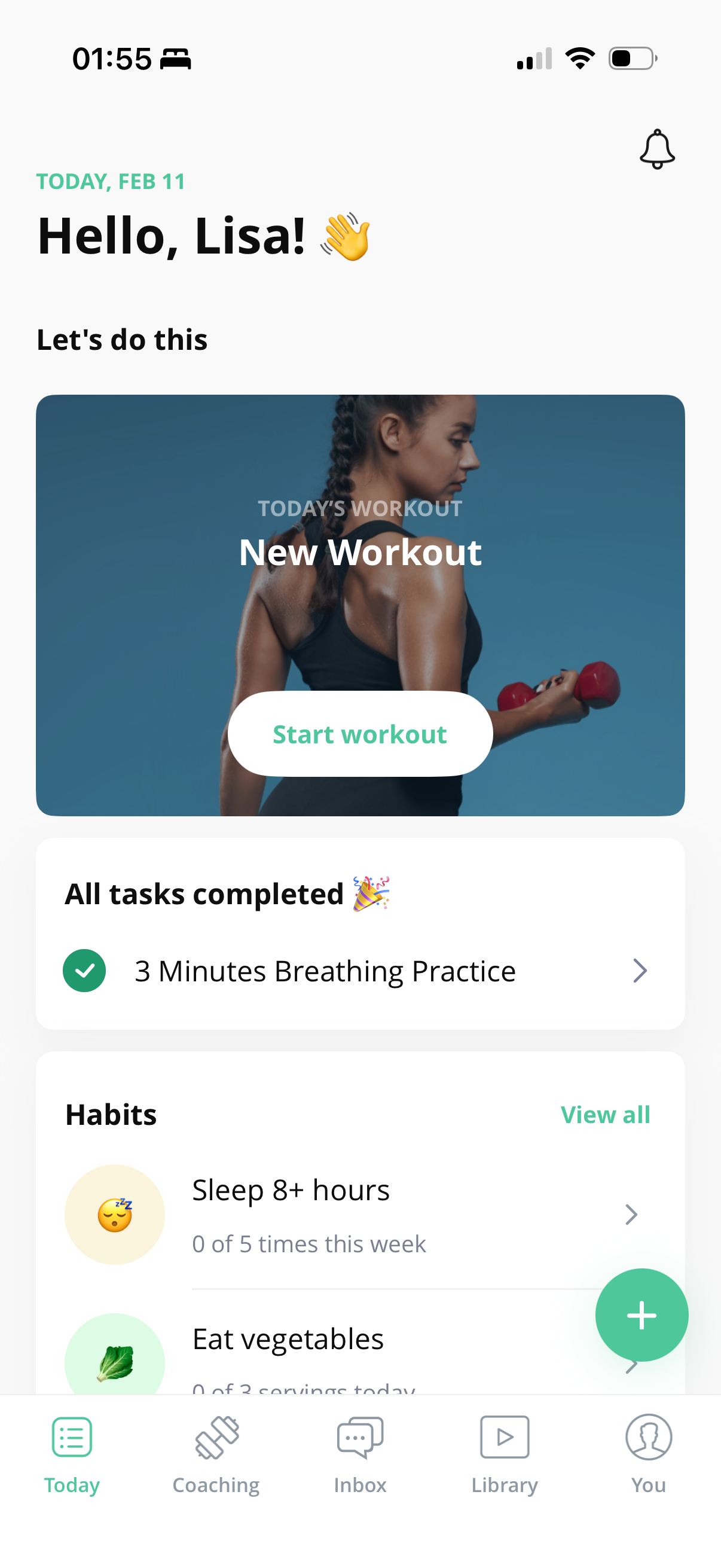 App home screen showing today's workout, tasks, and habits